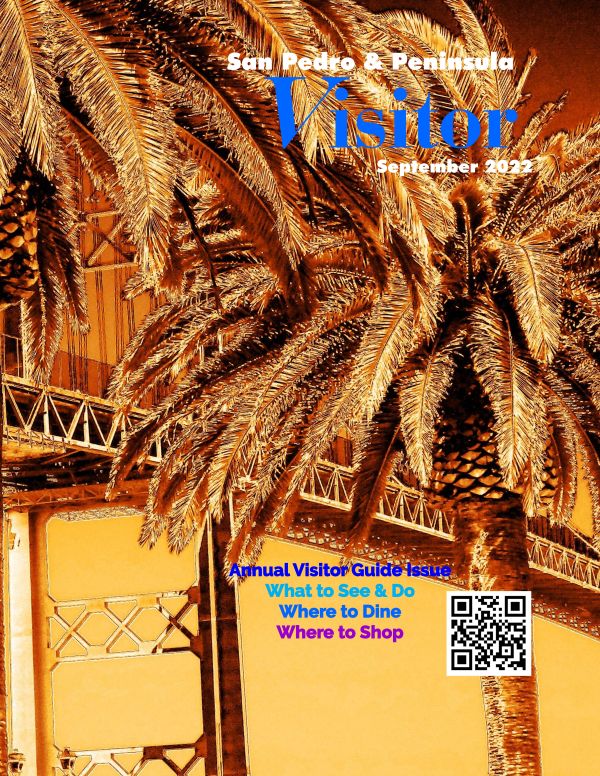 Image of San Pedro & Peninsula Visitor magazine cover September 2022 showing palm leaves in front of a bridge rendered in gold